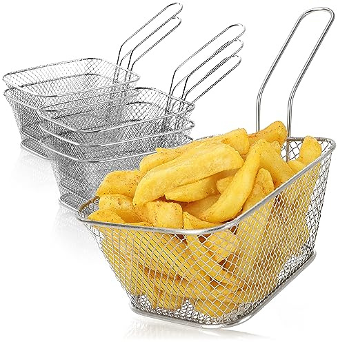 com-four® 6x Mini-Korb zum Servieren von Pommes (14,5 x 11 x 7 cm) | Snackschale aus rostfreiem Edelstahl 430 - silberfarbene Mini-Frittierkörbe - Servierkorb mit Griff - Pommeskorb