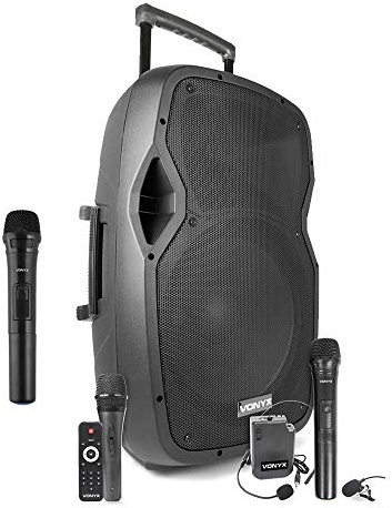 Vonyx AP1500PA 15 Portable PA System 800W with Bluetooth, USB/SD Player, Wireless & Wired Microphones, Rechargeable Battery & Built-In Trolley Wheels for Events & Outdoor Performance