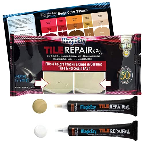 MagicEzy Tile RepairEzy - Ceramic Chip Repair Kit (Honey Beige/White) - Strong Crack Filler for Bathroom Floor - Almond, Biscuit, Bone Touch Up | Porcelain Chip Fix