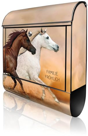 banjado Design Briefkasten personalisiert 38,5x46,5x13cm & 2 Schlüssel - Briefkasten Stahl Schwarz Zeitungsfach pulverbeschichtet - Postkasten A4 Einwurf inkl. Montagematerial - Motiv Wilde Pferde