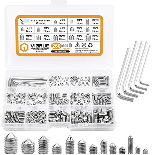 VIGRUE 260 Stück Madenschraube Kegelspitze Hex Madenschrauben Sortiment M3 M4 M5 M6 M8 Edelstahl Einschraubmuffen Sortiment Befestigungsteile Kits mit Sechskantschlüssel