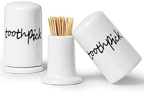 ONTUBE Ceramic Toothpick Holder Dispenser with Lid, Set of 2, White