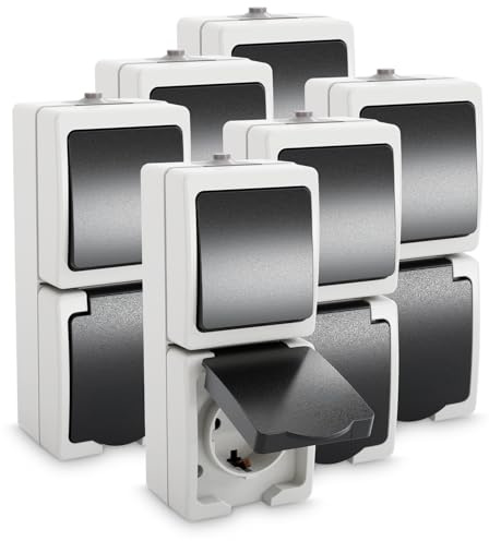greate 6x Aufputz Schalter Steckdose Kombination mit IP54 für Feuchtraum | Aufputzsteckdose mit Wechselschalter 250V & 16A