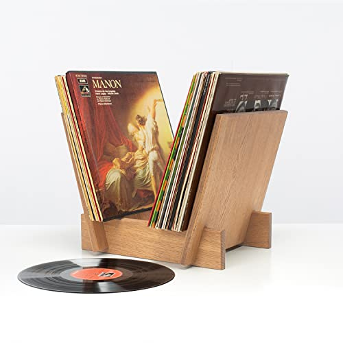 Rikmani Aufbewahrung von Vinylplatten - Schallplatten Halter Regal aus Eiche Massivholz im hochwertigen Design Alex hell