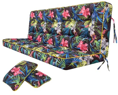 Bjird Bankauflage für Gartenbank, Polsterauflage für Hollywoodschaukel, Gartenschaukelkissen, Sitzkissen und Rückenkissen, gesteppt, inkl. 2 Seitenkissen, 150 x 49 x 56 cm - Blumen und Blätter