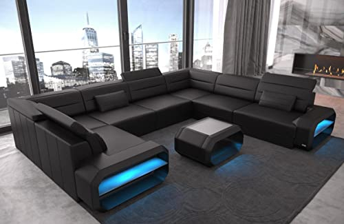 Wohnlandschaft Verona Ledersofa U Form Sofa - mit LED Beleuchtung, verstellbare Kopfstützen/Lederfarben wählbar/Ausrichtung wählbar (Lange Seite rechts, Black)