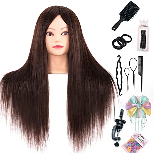 Testa per parrucchieri,26 Testina Parrucchiere Capelli Testa per Acconciature Testa Parrucchiera con Staffa+ DIY Accessori per Capell (60% True Hair Brown)