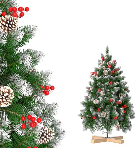 VA-Cerulean - Albero di Natale artificiale, 150 cm, in PVC verde con effetto fiocchi di neve grandi, ignifugo, montaggio rapido, decorazione natalizia con supporto, abete finto