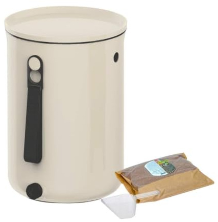 Skaza Bokashi Organko 2 (9.6 L) | Compostore da Cucina in Plastica Riciclata con Attivatore di Fermentazione 1 kg (Crema)