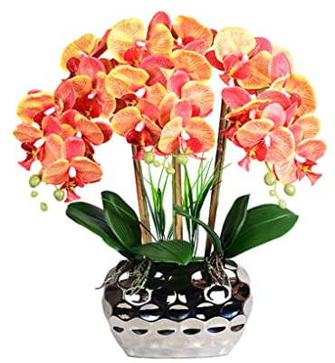 VUIUYOIES Bonsái de orquídeas artificiales grandes con jarrón, flores de plantas falsas de Phalaenopsis realistas para centros de, adornos para el hogar, Naranja