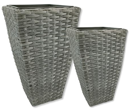 DARO DEKO Poly-Rattan Blumentopf anthrazit 2er Set - 51 und 60cm eckig hoch mit Einsatz schwarz Blumenkübel Übertopf Pflanz-Töpfe