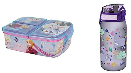 Stor Fiambrera infantil múltiple con 3 compartimentos de Frozen & Ion8 Botella de agua para niños a prueba de fugas, sin BPA, capacidad de 350 ml, unicornio