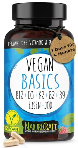 Vegan Basics - Vitamin B12+D3+K2+B2+B9 Folsäure + Eisen + Jod - Komplex mit 120 Kapseln (4 Monats-Vorrat)