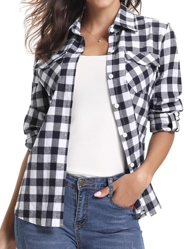 Aottori Camicia Donna a Quadri in Cotone Blusa Maniche Lunghe Camicetta Scozzese con Bottoni Camicie Flanella Classico Shirts Casual Bianco Nero M