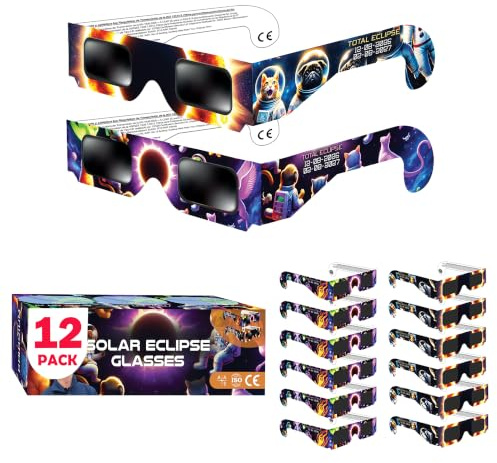 Galaxium Solförmörkelseglasögon Barn 2026 - [12-pack] Blandade Djurdesigner - AAS-godkända - ISO 12312-2 & CE-certifierade - Solförmörkelseglasögon för Pojkar & Flickor