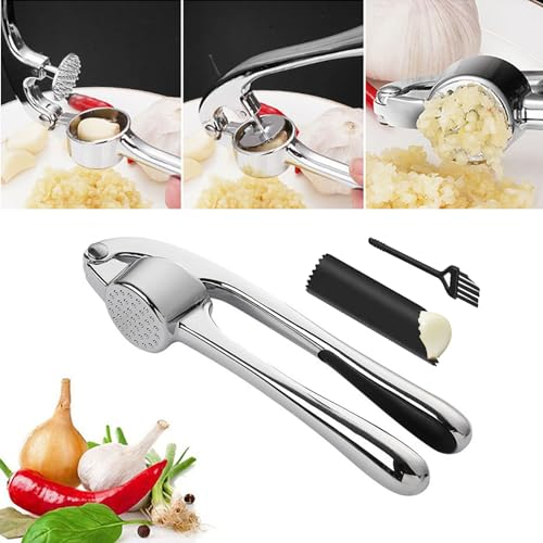 Garlic Press Stainless Steel Kitchen Aid Garlic Press Stainless Steel Garlic Crusher Ginger Mincer with Peeling Aid and Brush for Kitchen Ginger Squeezer, Masher Mincer Tools
