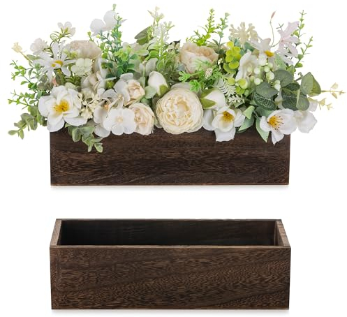 NUPTIO Christmas Wooden Brown Vase: 30cm Vintage Rectangular Flower Vases Centrepieces for Autumn Thanksgiving Table Decoration - Rustic Long Boxes for Wedding Party Set of 2