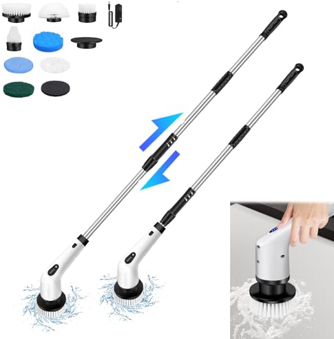 Electric Spin Scrubber, Cordless Handheld Grout Shower Cleaner Bathroom Cleaner with 10 Replacement Brush Heads & Extension Arm, High-Speed Power Brush Turbo Scrub Brush for Tile, Kitchen, Floor