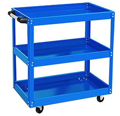 3-Tiers Tool Trolley Tools Storage Cart, Heavy Duty Workshop Garage Trolleys on Wheels, Mechanics Tools Storage Service Carts with Pushing Handle Blue