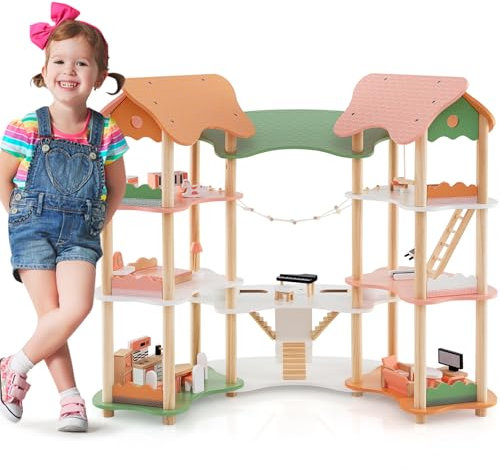 GYMAX Kids Dollhouse, 3-Storey Wooden Dolls House with 7 Simulated Rooms & 33pcs Furniture Accessories, Large DIY Doll House for 3-8 Years Old Girls Boys (Colorful)