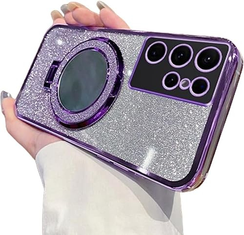 IMEIKONST for Samsung Galaxy S21 Ultra Case Gradient Glitter Purple DSJ | Makeup Mirror Ring Stand Function, Full Camera Protector, Soft Silicone Shockproof, Plated Transparent Cover for Girl Women