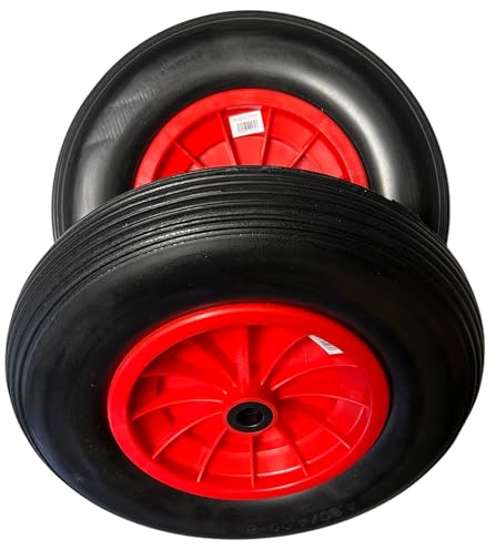 KOVA® 2X Schubkarrenrad Vollgummi PU 4.80/4.00-8 Rad für Schubkarre Pannensicher - 120 kg Traglast - Kunststoff-Felge - Ø 380mm Schubkarrenrad 4.80 4.00-8 Schubkarren Ersatzrad Vollgummirad Schw/Rot