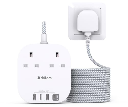 5M Extension Lead, Power Strips with 2 Way Outlets 4 USB (4.5A, 1 Type C and 3 USB A Ports) Surge Protection Plug Extension Socket with Braided Extension cord for Home/Office
