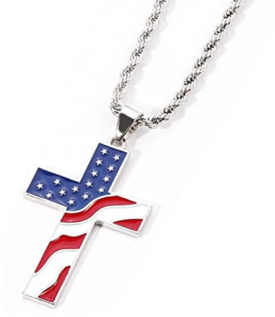 AULPEE American Flag Cross Pendant Car Rear Mirror Hanging Accessories,Cross Pendant Jewelry Necklace for Men Women (Silver)