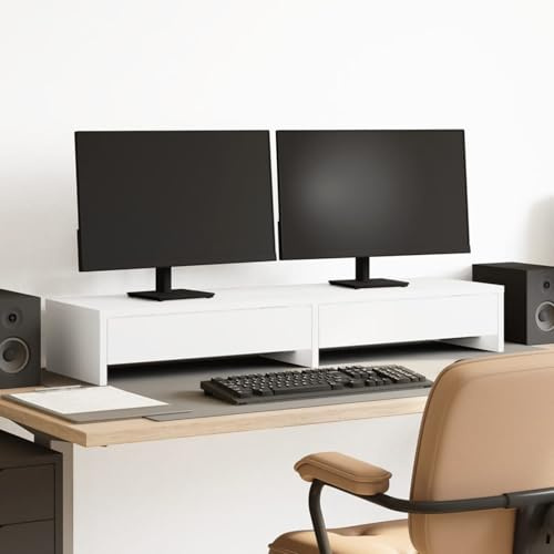 Homgoday Support d'écran avec tiroirs pour ordinateur de bureau, ordinateur portable, imprimante, blanc, 100 x 27 x 15 cm