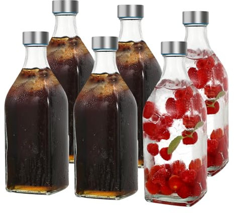 LIMILI Botellas de vidrio, botella de agua de vidrio de 1 litro con tapas de acero inoxidable, a prueba de fugas, reutilizable, para bebidas frías y calientes, fiestas, hogar, cocina (6 unidades)