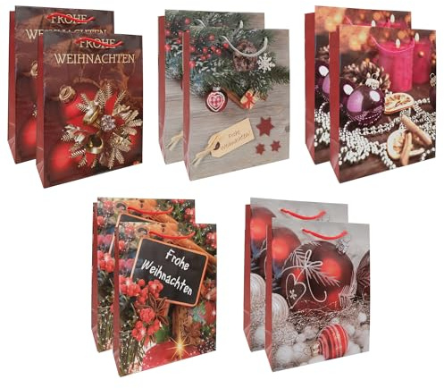 Idena 30518-10 - Geschenktüten Weihnachten, 10 Stück, Geschenktaschen in der Größe 25 x 35 x 8 cm, Papiertüten in 5 weihnachtlichen Motiven