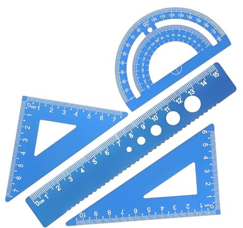 RDNKVB 4Stück Geodreieck Metall, Mathematik Geometrie Werkzeug, Metall Geometrie Set mit Winkelmesser und Dreieck Lineale, Aluminiumlegierung Mathe Zeichnung Lineal für Schule und Büro,Blau
