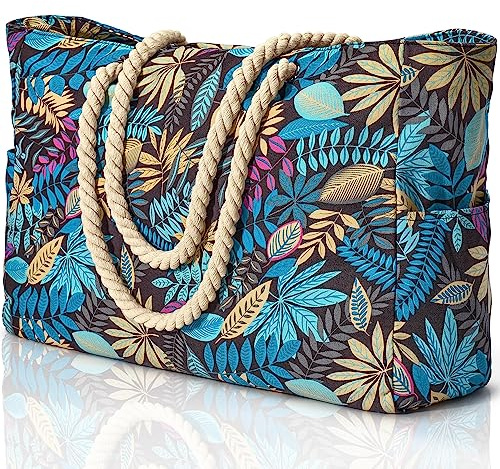 oscaurt Strandtasche Badetasche XXL Familie Tote Bag Shopper Tasche Damen Faltbare Beach Tote Bag mit Reißverschluss Einkaufstasche Saunatasche Weekender Damen