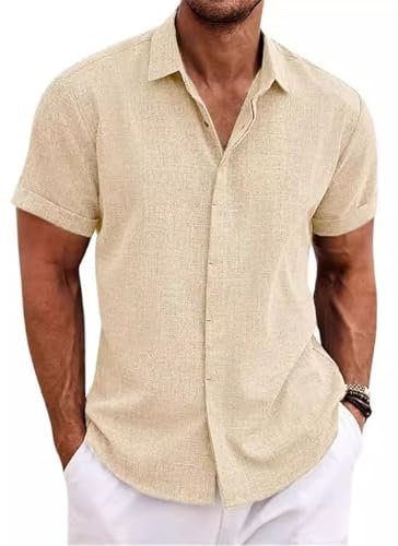 PADOLA Hombre Camisetas Lino de Botones Suelta Manga Corta Color Sólido Camisa de Verano Regular Fit Respirable(XL,Beige)