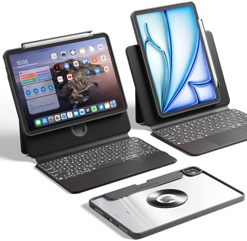 Uminy Funda con teclado inalámbrico para iPad Pro de 11 pulgadas (M4) 2024-360°, giratoria, desmontable, con panel táctil, teclas retroiluminadas, soporte para lápices, teclado de iPad estilo portátil