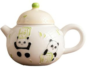 100Ml/3.5oz hand-painted carved panda fortune pot, white porcelain mini teapot - (smooth) round pavilion pot