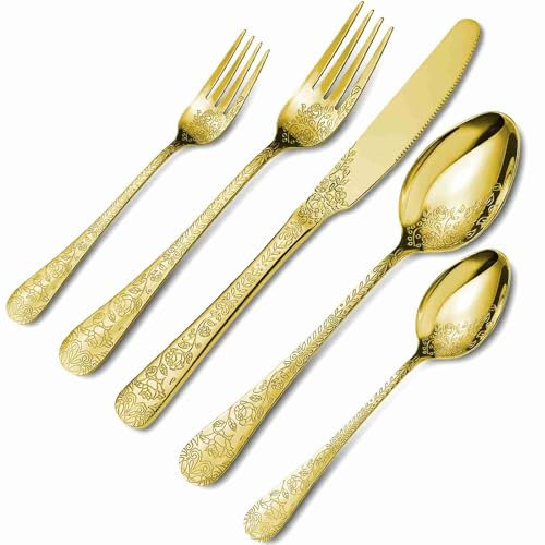 ZPSHYD Juego de cubiertos vintage de acero inoxidable dorado tallado de 20 piezas, cubiertos modernos en relieve, incluyendo tenedores y cucharas, juego de cubiertos dorados