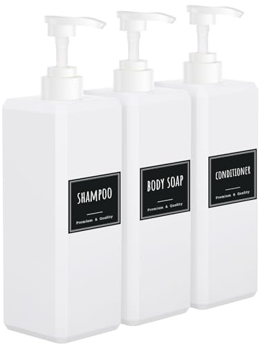 Segbeauty Dosificador Jabon Cocina, 3 Piezas 1000ml Botes Gel y Champu Rellenables Baño, Dispensador Gel Ducha Reutilizable, con Etiquetas (Blanco, Cuadrado)