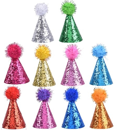 KEXIAO 10 kleine Partyhüte für Hunde und Katzen mit Glitzer-Design und verstellbarem Riemen, geeignet für Geburtstagsfeiern