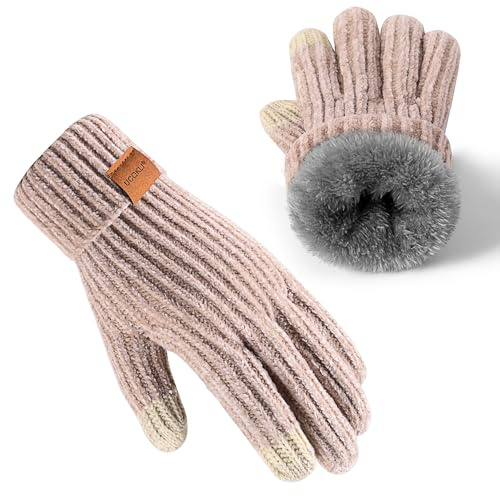 UCQKLI Handschuhe Damen Winter Chenille, Thermo Handschuhe Damen Touchscreen Kaltes Wetter Fleece Gefüttert Finger mit Elastischem Strickbündchen(Beige)