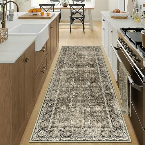 HUGEAR Vintage Braun Waschbarer Läufer Teppich Flur 60x180cm Bettvorleger Küchen Wohnzimmer Schlafzimmer Teppiche rutschfest Kurzflor Weich Flurläufer Teppichläufer
