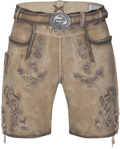 Schöneberger Trachten Couture Herren Lederhose kurz mit Trachtengürtel -Traditionelle Antik Oktoberfest Tracht aus Original Nubukleder (Wildbock,braun, 56)
