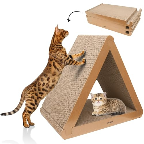 Angetra Paquete de 3 rascadores de cartón para gatos y almohadilla para rascar con hierba gatera, casa triangular para gatos construibles con uso de 6 lados, protección de muebles para gatos de