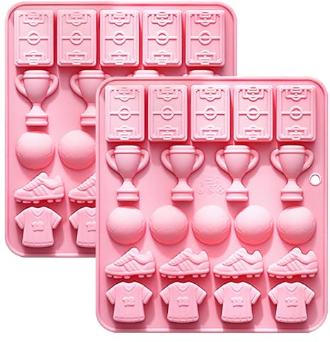 Silikon-Backform Fußball-Motiv, 2er-Set, 15,4x17 cm, Pink | Schokoladenform, 20 Kavitäten, Trikot & Pokal-Motive, Antihaft-Oberfläche, Wiederverwendbar