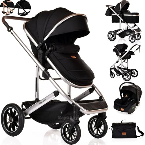 Baby 3 in 1 Travel System Pram with Car Seat Stroller 3 in 1 Buggy Pushchair Child Lightweight Folding Stroller Pram for Newborns Toddlers from Birth (Black Silver Frame)