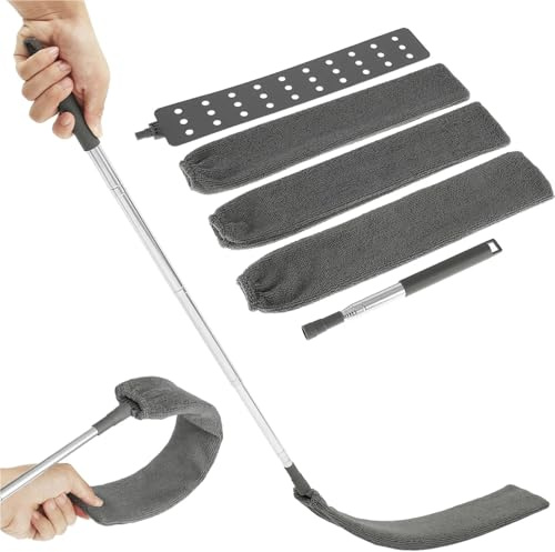 SHENJMAI Plumero Telescopico Extensible Limpiador de Polvo retráctil de 2,5 m, Cepillo de Microfibra Flexible, Largo y Plano, for sofá, Cama, Muebles y Limpieza Inferior.(Grey 1.35m)