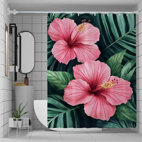 Tenda Doccia Fiori Rosa Impermeabile in Poliestere Tessuto Tende da Doccia Foglie Verdi da Esterno 3D Antimuffa Shower Curtain 180x200 Tenda Vasca da Bagno Lavabile in lavatrice con 12 Ganci b.2778