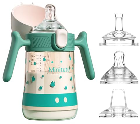 Qshare 240ml Kinder Trinklernbecher ab 6 Monate+,3 in 1Baby Trinkflasche,Trinkbecher für Babys,Baby Trinklernbecher ab 6 Monate mit ergonomischer Silikontülle (Grün)