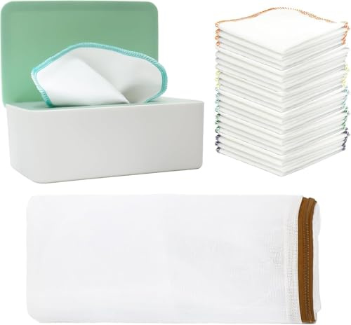 54 Pcs Flannel Cloth Baby Wipes Reusable Baby Diapers Wipe with Green Dispenser Washable Baby Face Wipe Soft and Sturdy Cloth Wipes for Hand and Faces Newborn Essentials