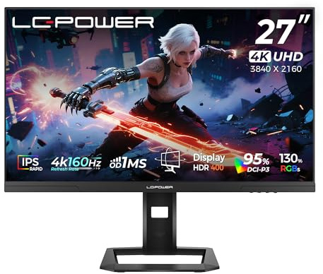 LC-POWER Écran Gaming 27 Pouces, Double Mode UHD 4K (3840×2160) 160Hz | FHD 320Hz, 1ms OD, Rapid IPS, 130% sRGB, AdaptiveSync, HDR400, HDMI 2.1, DP 1.4, VESA, M27UFD